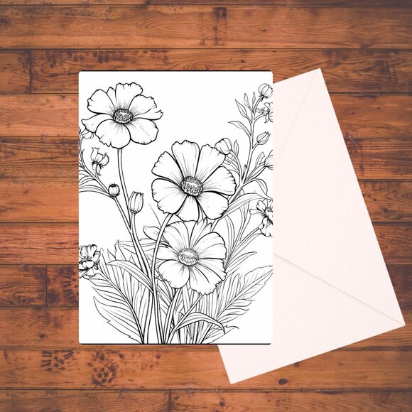 8 Wildflowers A7 Coloring Cards Set: Adult DIY Coloring Kit with Envelopes - Picture 7 of 9